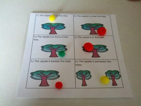 Apple Positional Words Activity (from Teaching Heart Blog) Preschool Positional Words Worksheet, Positional Words, Positional Words Kindergarten Worksheets, Prek Positional Word Activities, Fall Positional Words Activity, Positional Words Kindergarten, Positional Language, Positional Words Activities, Apple Life Cycle