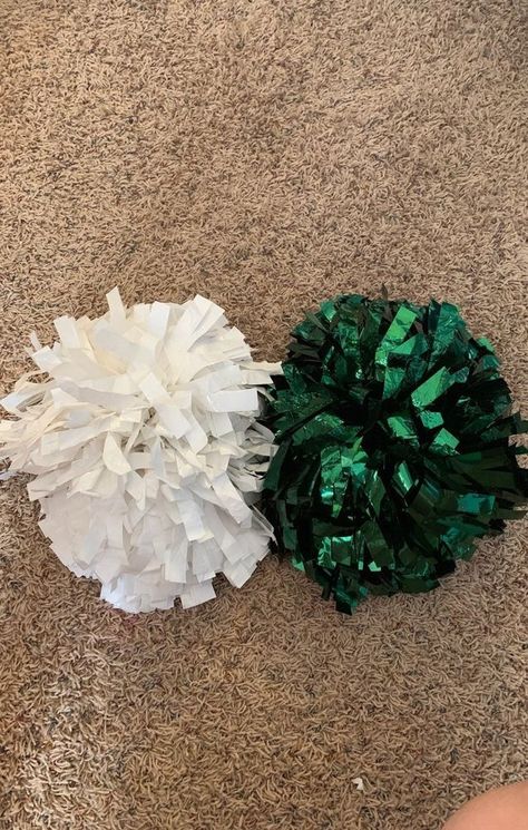 Green And White Cheerleading Uniform, Slytherin Cheerleader, Nichole Daniels, Pep Rally Games, Football Hair Bows, Slytherin Clothes, Football Hair, Cheerleading Pom Poms, Cheer Pom Poms