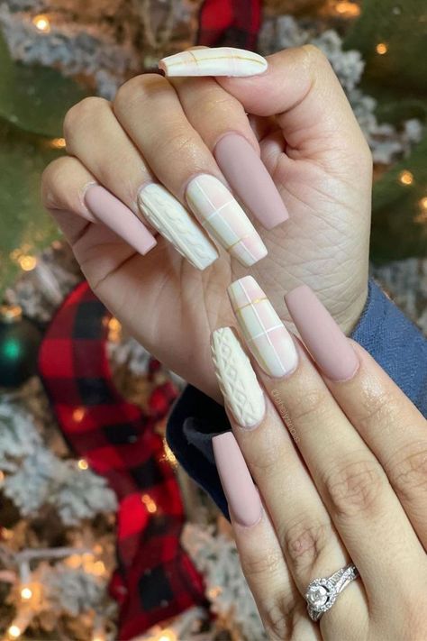 pink matte sweater nails Nails Coffin 2023, Christmas Sweater Nails, Nail Art 2023, Neutral Sweater, November Nails, Plaid Nails, Winter Nails Acrylic, Sweater Nails, Classy Acrylic Nails