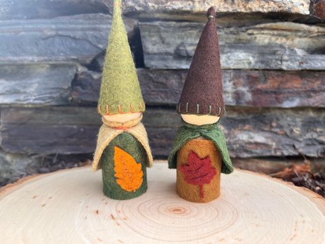 Leaf Gnome, Gnome Fall, Fall Gnome, Montessori Homeschool, Wood Peg Dolls, Peg People, Natural Toys, Peg Doll, Craft Night