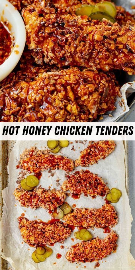 These hot honey chicken tenders are baked to crispy, juicy perfection and covered in a delicious hot honey sauce. These perfect for tailgating chicken fingers pack a powerful (and a little bit spicy) punch of flavor in a short amount of time. These delicious and flavorful chicken fingers are THE finger food you need for Game Day! Hot Honey Chicken Tenders, Honey Chicken Tenders, Hot Honey Sauce, Spicy Chicken Tenders, Spicy Honey Chicken, Baked Stuffed Chicken, Crispy Honey Chicken, Honey Baked Chicken, Hot Honey Chicken