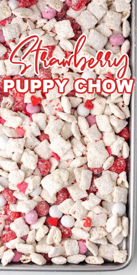 Strawberry puppy chow also known as Strawberry muddy buddies is a fun and tasty treat that the kids will love and is perfect for Valentine’s Day. Chex mix cereal coated in chocolate, cake mix and candies to make a fun and tasty treat. Strawberry Muddy Buddies Recipe, Chex Mix Valentines Day, Strawberry Cheerios Recipes, Valentines Puppy Chow Chex Mix Recipe, Valentine’s Day Puppy Chow, Valentines Day Puppy Chow, Strawberry Shortcake Muddy Buddies, Valentine Puppy Chow Recipe, Strawberry Chex Mix Puppy Chow