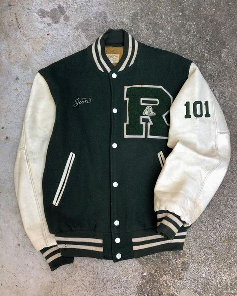 Damaged Glitter on Instagram: “Vintage 1970s Forest Green Chain Stitch “Ridge HS Varsity” Letterman Jacket Tag Size 36 Chest - 22” Length - 24” Available now on…” Green Letterman Jacket Outfit, Letterman Jacket Aesthetic, Green Letterman Jacket, Vintage Letterman Jacket, Letterman Jacket Outfit, Vintage Jacket Outfit, Prom Jacket, Green Varsity Jacket, Senior Jackets