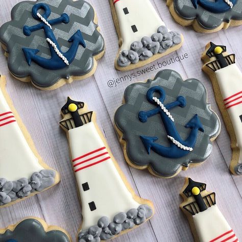 Lighthouse Cookies Decorated, Nautical Cookies Decorated, Memorial Cookies, Lighthouse Cookies, Nautical Cookies, Cookies 2023, Royal Icing Decorated Cookies, Christmas Sugar Cookies Decorated, Beach Cookies