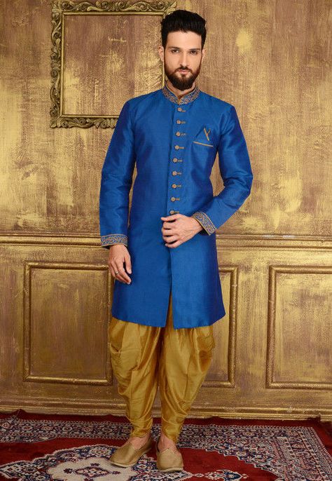 Plain Art Silk Sherwani in Blue Blue Sherwani, Boys Pic, Indian Groom Wear, Western Suits, Sherwani For Men, Indian Men, Dress Men, Mens Fashion Wedding, Mens Kurta