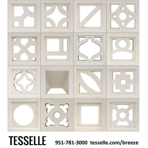 16 of our favorite Breeze Block designs from the Tesselle Collection.  Our Breeze Blocks are available in 2 sizes, and 7 colors. Ventilation Block, Breeze Block Wall, Screen Block, Cement Blocks, Breeze Blocks, Load Bearing Wall, Block Design, Block Wall, Tile Inspiration