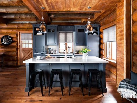 Log Cabin Makeover Ideas - Colin and Justin's Cabin Pressure Log Cabin Makeover, Log Cabin Kitchen Ideas, Log Cabin Kitchens, Log Cabin Kitchen, Log Home Interior, Log Cabin Interior, Серая Кухня, Ski Cabin, Rustic Log Cabin