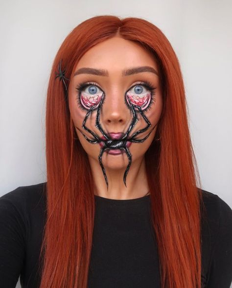 Halloween Makeup Creepy, Gory Halloween Makeup, Halloween Makeup Diy Tutorial, Spider Makeup, Spider Face, Easy Halloween Makeup, Gore Makeup, Scary Spider, Adult Face Painting