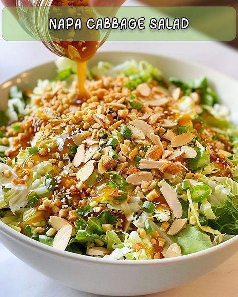 Napa Cabbage Salad with Crunchy Ramen Topping Yay Recipes, Napa Salad, Detox Chicken Soup, Chicken Spinach Recipes, Napa Cabbage Recipes, Napa Cabbage Salad, Pancit Recipe, Mediterranean Diet Recipes For Beginners, Soy Dressing