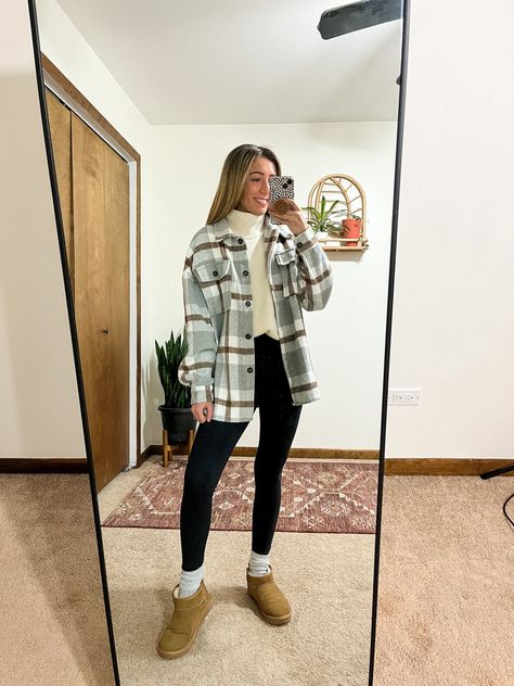 Shacket And Turtleneck Outfit, Ugg Boots Outfit Work, Mini Uggs Boots With Socks, Shacket And Uggs Outfit, Casual Winter Outfits Flannel, Uggs And Flannel Outfit, Ugh Mini Boots Outfit Leggings, Ultra Mini Uggs Outfit Fall, Cute Flannel Outfits Fall Leggings