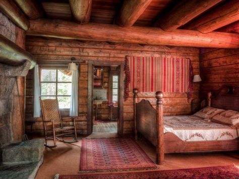 Bedroom view inside the main lodge at Camp Uncas, J.P Morgan's former Adirondack retreat on Mohegan Lake in Hamilton County. The 4,000-squar... Old Log Cabin, Jp Morgan, Small Dining Area, Basement House, Cabin Interiors, Rustic Retreat, Cabins And Cottages, J P, Real Estate Broker