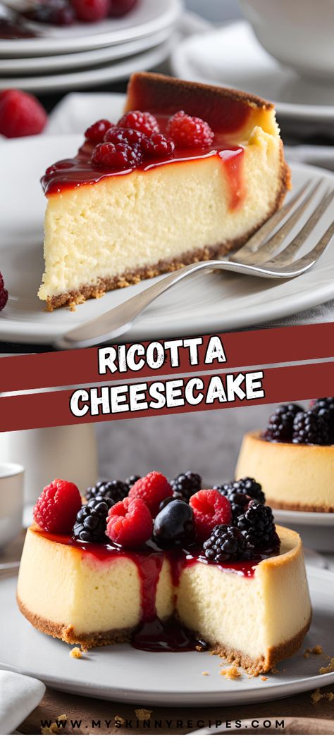 ✨🍰 Indulge in our creamy Ricotta Cheesecake recipe! With its smooth texture and subtle tanginess, it's the perfect dessert for any occasion. Enjoy topped with fresh berries or a drizzle of honey! #RicottaCheesecake #DessertRecipes #CreamyDelight #EasyDessert # myskinnyrecipes Ricotta Cheesecake Recipes, Ricotta Desserts, Ricotta Recipes Dessert, Italian Ricotta Cheesecake, Lemon Ricotta Cheesecake, Ricotta Dessert, Traditional Cheesecake, Pistachio Cheesecake, Matcha Cheesecake