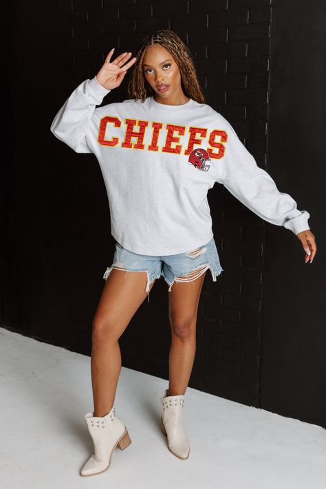 KANSAS CITY CHIEFS READY TO RALLY RELAXED FIT HEATHERED LONG SLEEVE FR Kansas City Chiefs Clothes, Chiefs Jacket, Kansas City Chiefs Cheerleaders, Chiefs Sweatshirt, Chief Clothes, Chiefs Shirts, Nfl Shirts, Nfl Cheerleaders, Ribbed Neckline