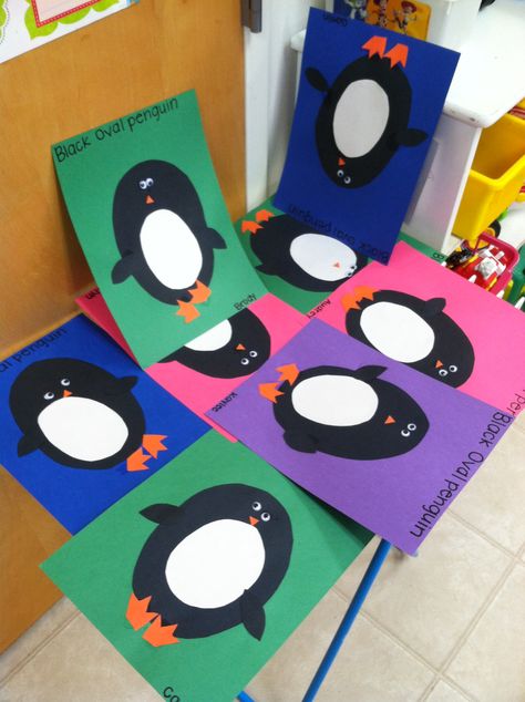 Black oval penguin craft Oval Penguin Craft, Oval Projects For Preschool, Oval Preschool Crafts, Oval Shape Crafts For Preschoolers, Oval Crafts For Toddlers, Oval Crafts For Preschoolers, Easy Penguin Craft, Penguin Crafts Preschool, Easy Winter Crafts