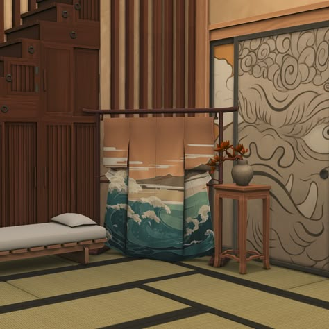 Images - KYOTO Part 2 - Build / Buy - The Sims 4 - CurseForge Sims 4 Japanese House, Japan Living Room, Asian Bathroom, Living Room Sims 4, Japanese Bed, Japanese Door, Japanese Style House, Sims 4 Anime, Japanese Interiors