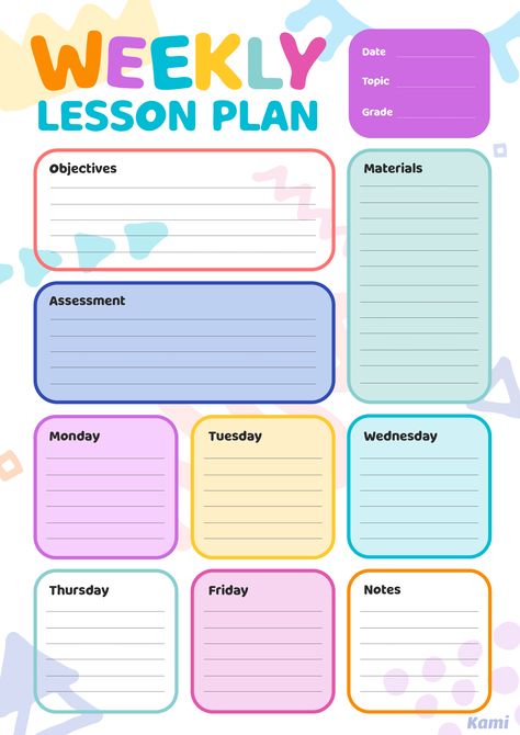 Weekly Lesson Plan | Colorful Boxes for Teachers | Perfect for grades 3rd, 4th, 5th, 6th, 7th | Other Classroom Resources | Kami Library Lesson Plan Format Preschool, Weekly Lesson Plans For Toddlers, Daycare Lesson Plans For Toddlers, Homeschool Essentials, Toddler Lesson Plans Template, Preschool Weekly Lesson Plans, Teacher Lesson Plans Template, Pre K Lesson Plans, Homeschool Lesson Planner