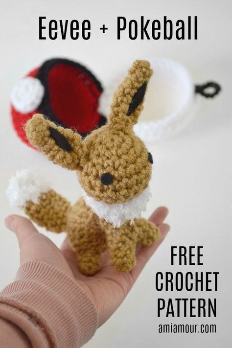 Free Eevee Amigurumi Crochet Pattern with Pokeball! Gotta Crochet Em All! #amigurumipattern#freecrochetpattern #crochetpattern #crochetlove Evee Pokemon Crochet Pattern, Crochet Pokemon Eevee, Eevee Amigurumi Pattern Free, Cute Crochet Pokemon, Lapras Crochet Pattern Free, Jigglypuff Crochet Pattern Free, Umbreon Crochet Pattern, Emotional Support Crochet Pattern Free, Crochet Animal Crossing Pattern Free