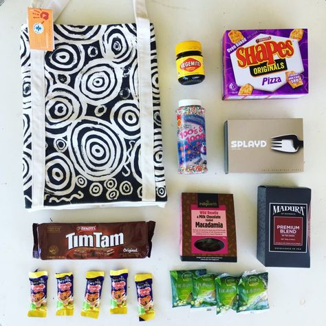 My daughter recently went on an overseas school exchange. I put together a thank you pack for her hosts with some of our Aussie favourites. Aboriginal Art Tote Buddy Gifts, Chocolate Macadamia, Australian Gifts, Tim Tam, Aboriginal Artists, Spare Room, Welcome Gifts, Gift Packs, Aboriginal Art