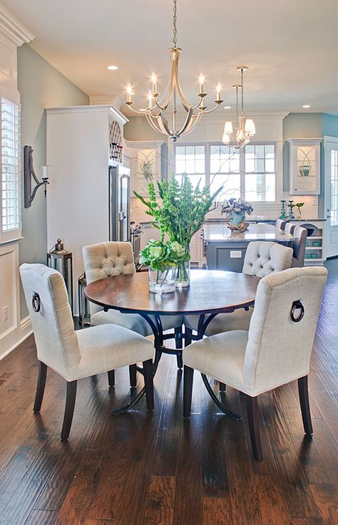 Kitchen dining setting with upholstered chairs and Chadwick Dining Table. Round Table With Upholstered Chairs, Entryway Round Table, Luxury Dining Room Decor, Custom Dining Room, Round Dining Room Table, Simple Home Decoration, Round Dining Table Sets, Kitchen Confidential, Modern Farmhouse Dining