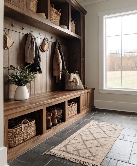 7 Stunning Mudroom Ideas for a Functional and Stylish Entryway Cabin Entryway Ideas, Rustic Mudroom, Cabin Entryway, Built In Cubbies, Stylish Entryway, Wooden Cubby, Herringbone Wood Floor, Mudroom Ideas, Bright Pillows