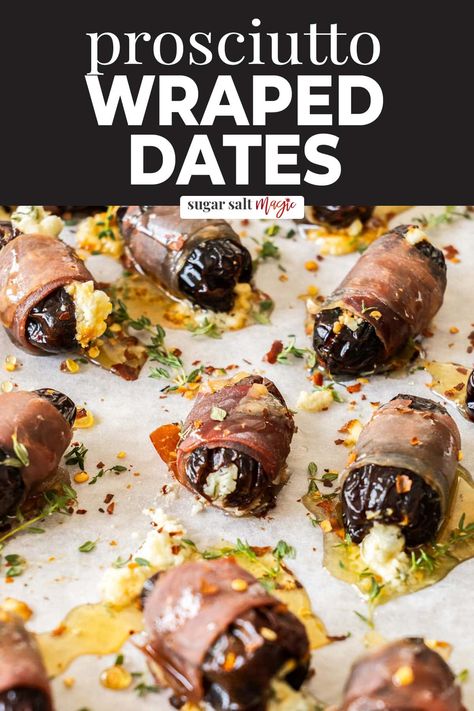 You can't go wrong with these prosciutto wrapped dates for a quick and easy appetizer. Stuffed with goats cheese and baked, your guests will love them. Figs Wrapped In Prosciutto, Appetizers Using Dates, Fig And Prosciutto Appetizer, Whipped Feta Stuffed Dates, Prosciutto Wrapped Figs, Stuffed Dates Recipes Appetizers, Roasted Dates, Date Appetizers, Prosciutto Wrapped Dates