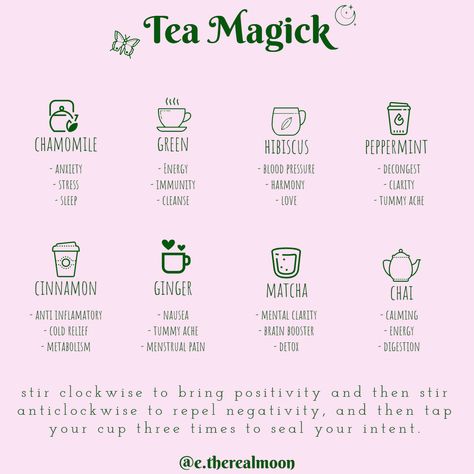 Chai Tea Witchcraft, Tea Properties Witch, Tea Spells For Healing, Teas For Witches, Peppermint Tea Witchcraft, Tea For Witches, Witch Tea Aesthetic, How To Bless Your Tea Witchcraft, Stir Intentions Into Tea