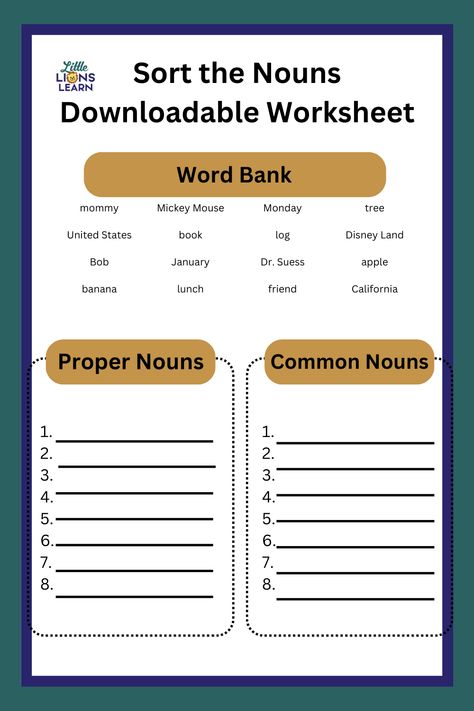 Looking for a fun and engaging way to help your first-grade homeschool students master the use of common and proper nouns? Look no further than "Sort the Nouns," the downloadable worksheet designed to help your students excel in language arts! Common Noun And Proper Noun Worksheets, Noun Games, Common Noun, Proper Nouns Worksheet, Spelling Homework, Common And Proper Nouns, Grammar Games, Common Nouns, Learning A Second Language