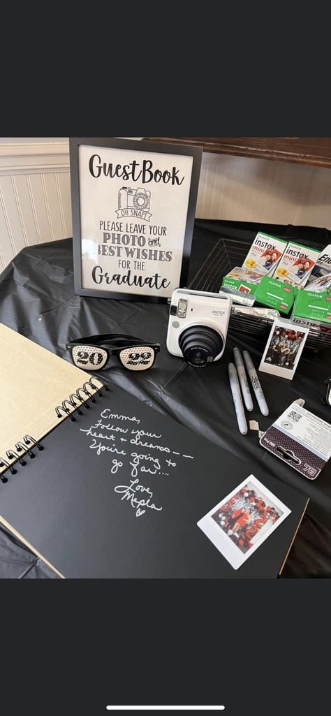 School Picture Display Grad Party, Polaroid Pictures Grad Party, Photo Guest Book Graduation, Memory Table For Graduation Party, Senior Table Display Ideas, Simple Senior Table Ideas, Guest Signing Ideas For Graduation, Graduation Party Signature Ideas, Graduation Signing Ideas Guest Books