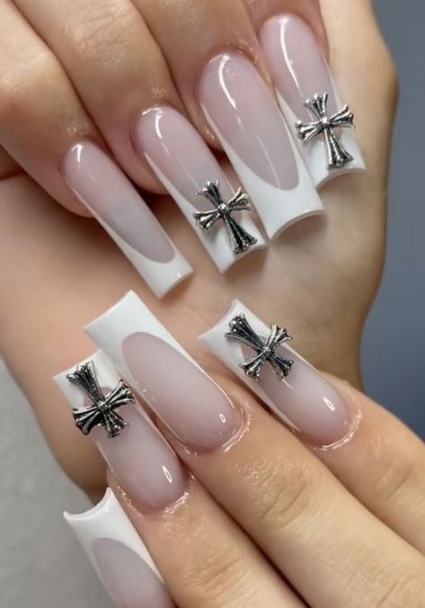 Long Square Acrylic Nails Y2k, Carti Nails, White Nails Y2k, Opiumcore Nails, Y2k Square Nails, Agust D Nails, Simple Y2k Nails, Nails Acrylic Y2k, Punk Nails