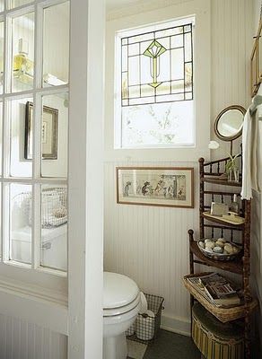 Imagine a font door where the back of the toilet is...that's the 'made' mudroom I might need in the new house! :) Old windows as room dividers Cottage Style Bathrooms, Bad Inspiration, Cottage Bathroom, Country Bathroom, Interior Windows, Style Cottage, Bathroom Windows, Small Bathroom Decor, Stained Glass Window