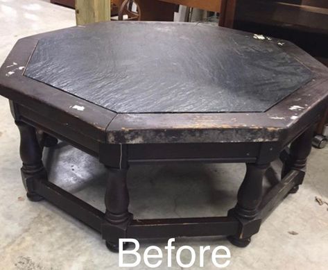 What a makeover! This awesome slate topped and huge coffee table was refinished with love for my best friend. We brought it back from the dead as it was in pretty rough shape with a finish that was the old, thick, rough and nasty varnish. Quite the project, right? But once we finished, it is the perfect coffee table for a young person’s apartment (once moving day occurs). For now, it will go in mom and dad’s basement family room and still be used by young people. 🙂    The Before     St… Refurbished Round Coffee Table, Octagon Coffee Table Makeover, Renovate Coffee Table, Coffee Table Refinishing Ideas, Refinish Old Coffee Table, Huge Coffee Table, Refurbished Oval Coffee Table, Resurface Coffee Table Top, Refurbished Coffee Tables