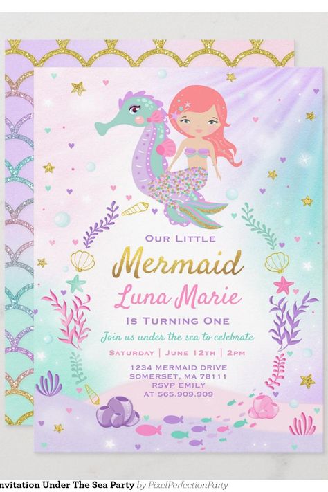 Mermaid Birthday Invitation Under The Sea Party The Little Mermaid Birthday Party, Little Mermaid Birthday Party, Mermaid Birthday Party Invitations, Birthday Party Invitations Free, Mermaid Birthday Decorations, Girls Birthday Party Themes, Mermaid Invitations, 1st Birthday Party Invitations, Mermaid Birthday Invitations