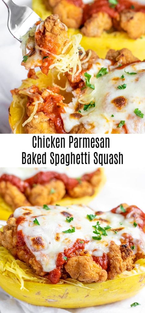 This easy recipe for Chicken Parmesan Roasted Spaghetti Squash teaches you everything you need to know about how to roast spaghetti squash in the oven. It's a whole spaghetti squash baked and then topped with chicken, pasta sauce, and melted mozzarella cheese. The BEST roasted spaghetti squash recipe out there! #spaghettisquash #squash #chicken #easydinner #homemadeinterest Chicken Parmesan Spaghetti Squash, Spaghetti Squash With Chicken, Spaghetti Squash Chicken Parmesan, Spaghetti Squash Recipes Chicken, Spaghetti Squash Recipes Easy, Chicken Spaghetti Squash, Baked Spaghetti Squash, Baked Chicken Parmesan, Spaghetti Squash Recipes