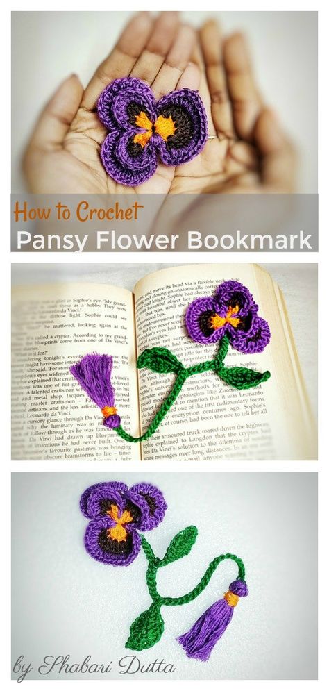 Pansy Flower Free Crochet Pattern Flower Book Mark Crochet, Free Crochet Flower Bookmark Patterns, Crochet Flower Bookmark Pattern, Crochet Pansy Pattern Free, Flower Bookmark Crochet Free Pattern, Crochet Flower Bookmark Free Pattern, Crochet Flower Bookmarks, Flower Bookmark Crochet, Free Crochet Bookmark