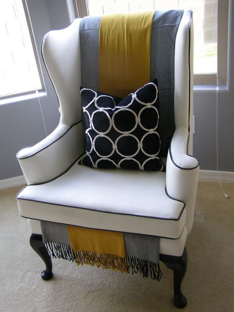 Wingback Chair Makeover Reupholstered Wingback Chair Ideas, Wingback Chair Makeover, Diy Furniture Upholstery, Wingback Chairs, Reupholster Chair, Chair Makeover, Small Living Room Decor, Pattern Pillow, Furniture Upholstery