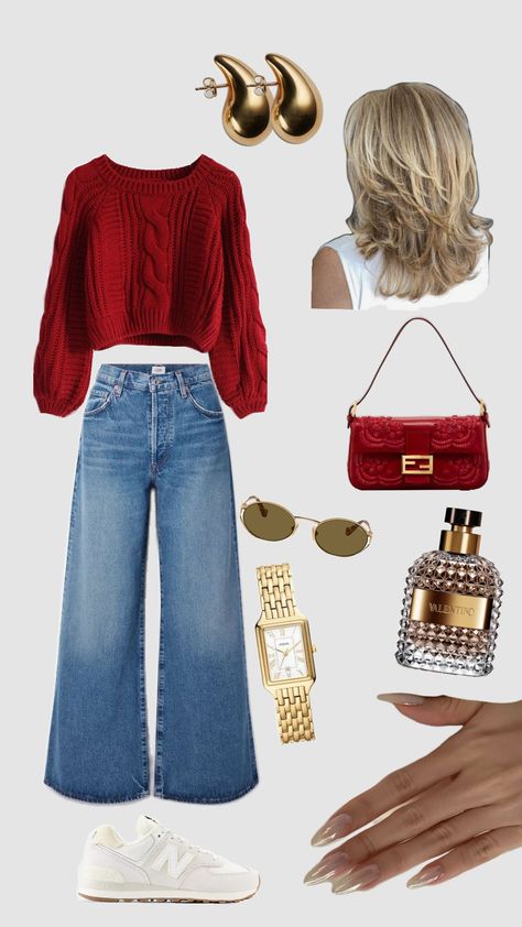 #outfit #outfitcheck #outfitcollage #blonde #haircare #hairinspo #red #jeans #bags Red Jeans Outfit Winter, Red Tshirt Outfit Women, Burnt Orange Top Outfit, Red Sweater Outfit Aesthetic, Friendsgiving Outfit Ideas Casual, Brown And Red Outfit, Red And Brown Outfit, Red Tshirt Outfit, Orange Top Outfit