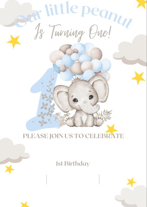 Elephant cute birthday invitation for first birthday 😍 if you need other number, just text me and I will change it 🤍 Baby Boy 1st Birthday Invitation Card, First Birthday Boy Invitation Card, 1st Bday Invitation Cards, Baby Boy Birthday Invitation Card, 1st Birthday Boy Invitations, Eren Birthday, First Birthday Invitation Card Template, Boys First Birthday Party Ideas Themes, Bday Invitation Card