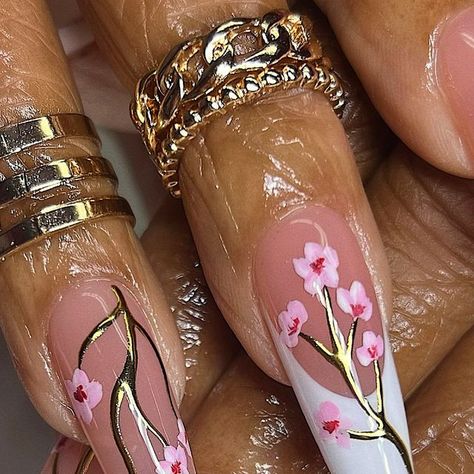 jae | sac gel nails on Instagram: "handpainted cherry blossom frenchiez + isolated chrome 🌸 
i really love these 🥹

#cherryblossomnails #floralnails #floralnailart #springnails #frenchtipnails #frenchtips #coffinnails #coffinnailshape #chromenails #chromenailart #nailtrends #nailtrend #trendynails #nails2024 #nailsnailsnails #coachellanails 
#concertnails #vacationnails #cleangirlaesthetic #gelxnails #sacramentonailtech #sacramentogelx #curedbyjae" Spring Nails Cherry Blossom, Cherry Blossom Inspired Nails, Isolated Chrome Nails, Nails Cherry Blossom, Sakura Nails, Cherry Blossom Nails Design, Coachella Nails, Cherry Blossom Nails Art, Blossom Nails