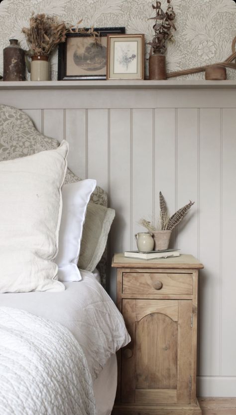 Picture Shelf In Bedroom, Panelling Tongue And Groove, Tongue And Groove Feature Wall, Cottage Style Bedroom Master Suite, Panelling Shelf Bedroom, White Paneling Bedroom, Panelling Behind Bed Bedroom Wall, Cotswold Cottage Interior Bedroom, Bedroom Tongue And Groove Panelling