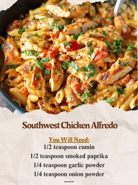 Weight Watchers Easy Recipes 2024 | Southwest Chicken Alfredo | Facebook Southwest Chicken Alfredo, New Easy Recipes, Southwest Chicken, Mediterranean Kitchen, Chicken Alfredo, Alfredo Sauce, Simple Recipes, Chicken Tenders, Smoked Paprika