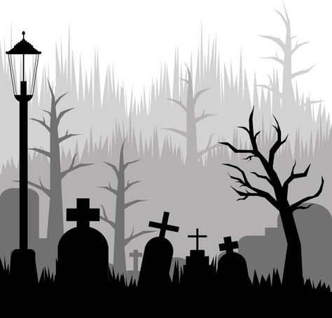 Creative design of spooky graveyard silhouette on Halloween Day Creepy Background Art, Halloween Drawing Background, Graveyard Drawing Simple, Halloween Design Illustration, Grave Yard Drawing, Cemetery Silhouette, Cartoon Graveyard, Cemetery Illustration, Graveyard Illustration