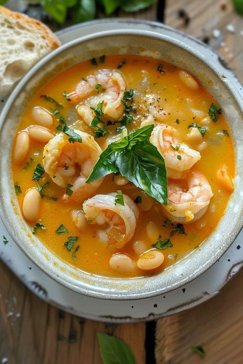 Bright and satisfying! Stu's Light & Flavorful: Lemony Shrimp with White Beans is a protein-packed meal perfect for a healthy and delicious weeknight dinner. #easydinnerideas #healthyshrimprecipes White Bean And Shrimp Recipes, Lemon Shrimp And Bean Stew, Shrimp And White Beans, Shrimp Soup Recipes Healthy, Lemony Shrimp And Bean Stew, Shrimp And Beans, Win Bright, Beans Dinner, Shrimp Soup Recipes