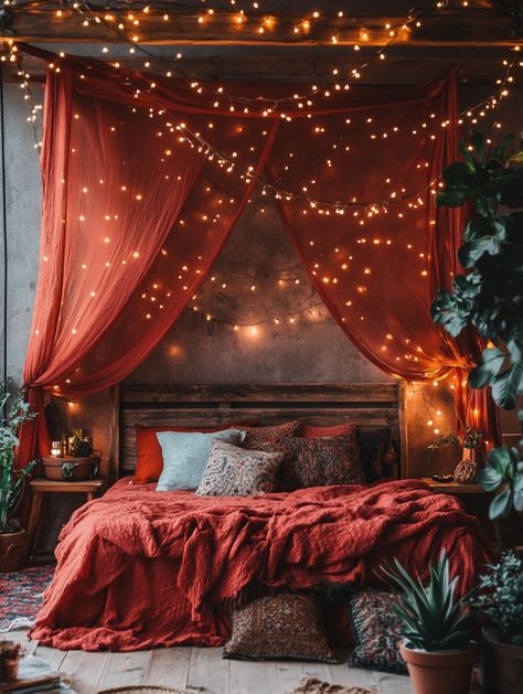 Red Boho Bedroom, Burnt Orange Rooms, Color Palette Bold, Spiritual Bedroom, Boho Bathrooms, Creative Bedroom Decor, Statement Rugs, Burgundy Bedroom, Red Color Palette