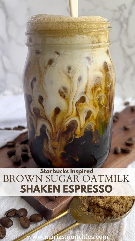 Save your money and make this Starbucks-inspired iced brown sugar oatmilk shaken espresso at home! No syrups or espresso machine is required. Cookie Butter Cold Brew, Shaken Espresso At Home, Brown Sugar Oatmilk Shaken Espresso, Shaken Espresso, Nespresso Recipes, Make Brown Sugar, Espresso Recipes, Espresso At Home, Cold Coffee Recipes