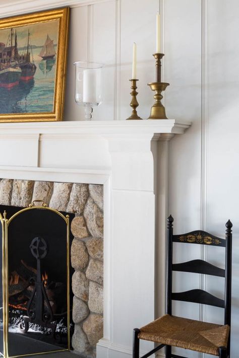 Stone fireplace | Patrick Ahern Patrick Ahern Interior, Nantucket Fireplace Living Rooms, Nantucket Fireplace, Fireplace With Stone Surround, 1880s Farmhouse, Traditional Fireplace Mantel, Fireplace Styling, Coastal Fireplace, Fireplace Brick