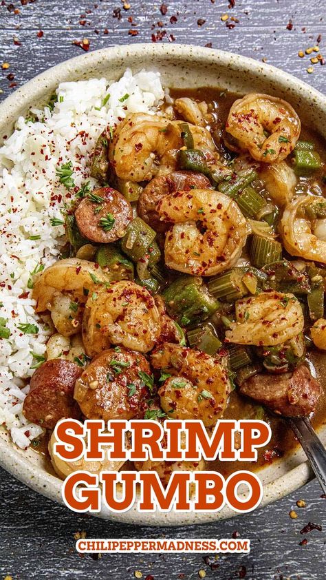 Shrimp Gumbo served in a bowl Shrimp Gumbo Recipe Easy, Shrimp And Chicken Gumbo, Seafood Gumbo Recipe Easy, Gumbo Recipe Okra, Shrimp Gumbo Recipe, Andouille Sausage Gumbo, Gumbo Recipe Easy, Shrimp And Sausage Gumbo, Gumbo Recipe Sausage