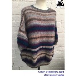 Cygnet 1014 - Chic Slouchy Sweater in Boho Spirit (downloadable PDF) Jersey Knitting Patterns, Fitted Knit Bohemian Sweater, One Size Bohemian Knitted Sweater, Fitted Bohemian Knitted Sweater, Bohemian Winter Knit Patterns, Slouchy Sweater Outfits, Red Pleated Skirt Outfit, Slouchy Sweater Pattern, Cygnet Boho Spirit Yarn Patterns