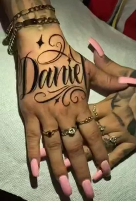 Tattoo Names On Hand, Rip Hand Tattoos For Women, Hand Tattoos For Women Names, Boyfriend Name Tattoos For Women On Hand, Hand Tattoos With Names, Name On Hand Tattoos For Women, Name Tattoos Hand, Husband Name Tattoos For Women Hand, Name Hand Tattoos For Women