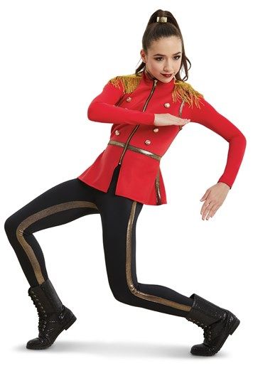 STUDIO EXCLUSIVETwo piece soldier costume includes two-color unitard and vestLong sleeve unitard has red shiny spandex sleeves and black shiny spandex bottomsBottoms feature a gold stripe on the inseams and sidesStretch vest has decorative gold buttonsFringed epaulettesZipper in frontImportedIncludes : Metallic ponytail cuff. Recital Themes, Character Dance Costumes, Soldier Character, Step Team, Backup Dancer, Dance Sayings, Dance Costumes Ballet, Dancer Outfits, Nutcracker Costumes