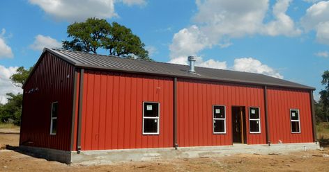 Beautiful rustic red Barndominium in the Texas Hill Country! Great use of a steel. 30x50 Barndominium Floor Plans, Red Barndominium, Barndominium Prices, Metal Building Homes Cost, Barndominium Kits, Metal House Plans, Barndominium Plans, Rustic Flooring, Metal Barn